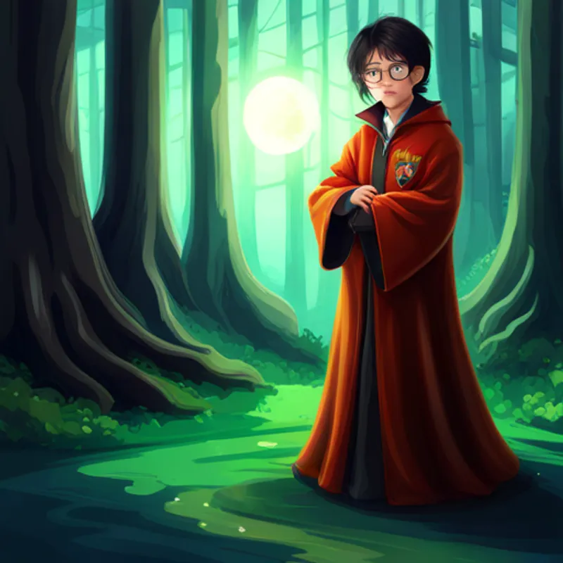 Black hair, glasses, green eyes, wearing a Gryffindor robe. practices casting spells with his classmates