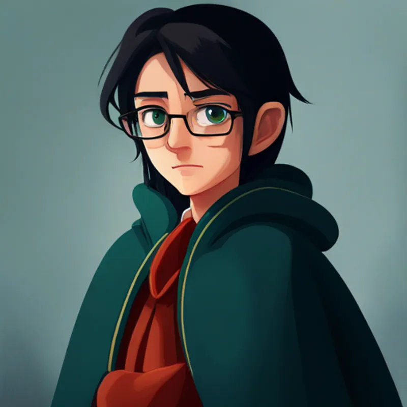 Black hair, glasses, green eyes, wearing a Gryffindor robe. stands confidently, ready to defend himself