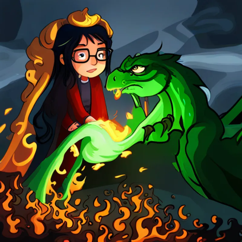 Black hair, glasses, green eyes, wearing a Gryffindor robe. bravely approaches the fire-breathing dragon