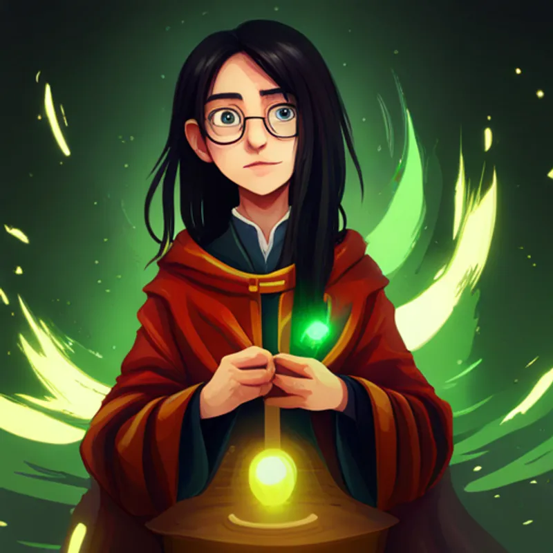 Black hair, glasses, green eyes, wearing a Gryffindor robe. stands tall, facing the dark wizard bravely