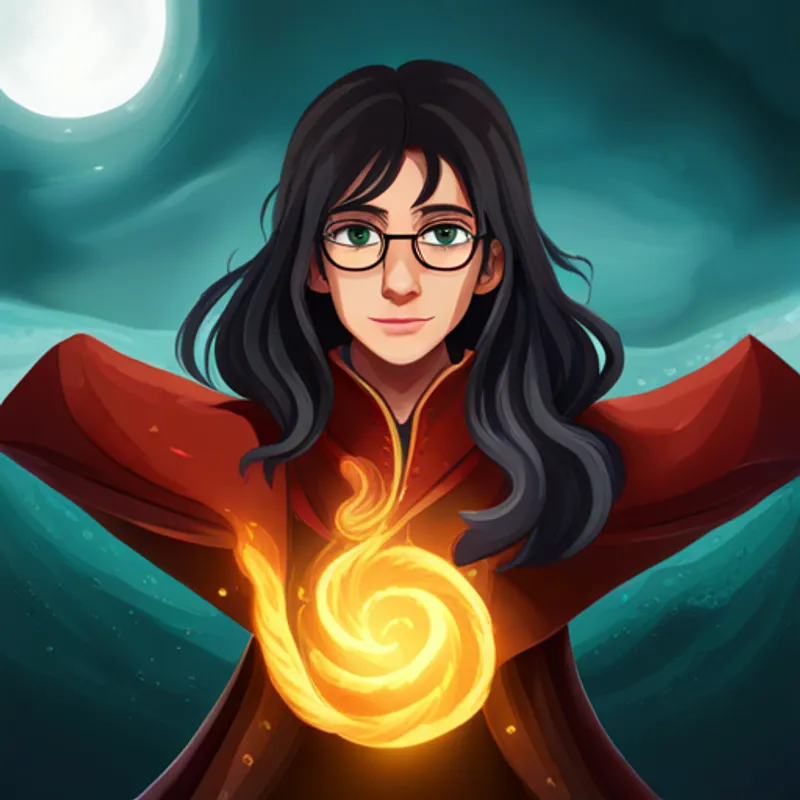 Black hair, glasses, green eyes, wearing a Gryffindor robe. triumphantly casts a powerful spell to win