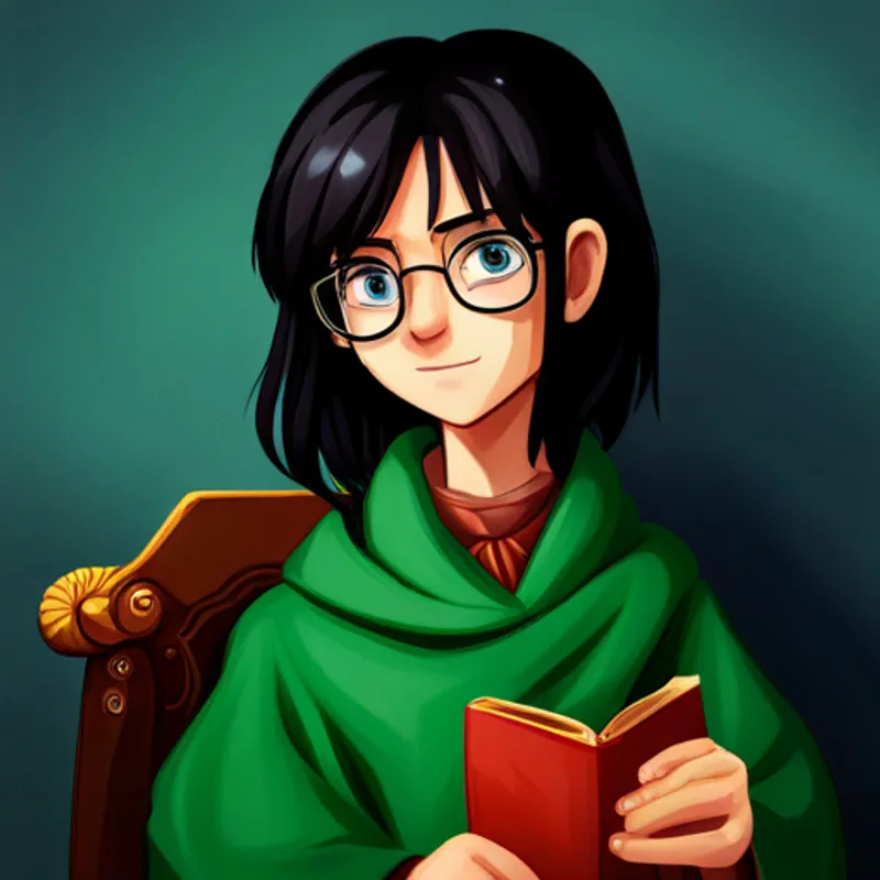 Black hair, glasses, green eyes, wearing a Gryffindor robe. encourages and supports his friends and classmates