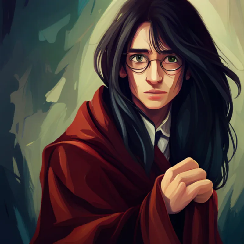 Black hair, glasses, green eyes, wearing a Gryffindor robe.'s friends gain courage from his example