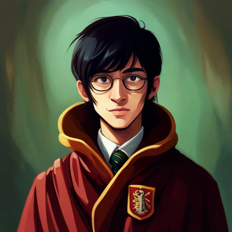 Black hair, glasses, green eyes, wearing a Gryffindor robe. smiles, knowing he can do anything