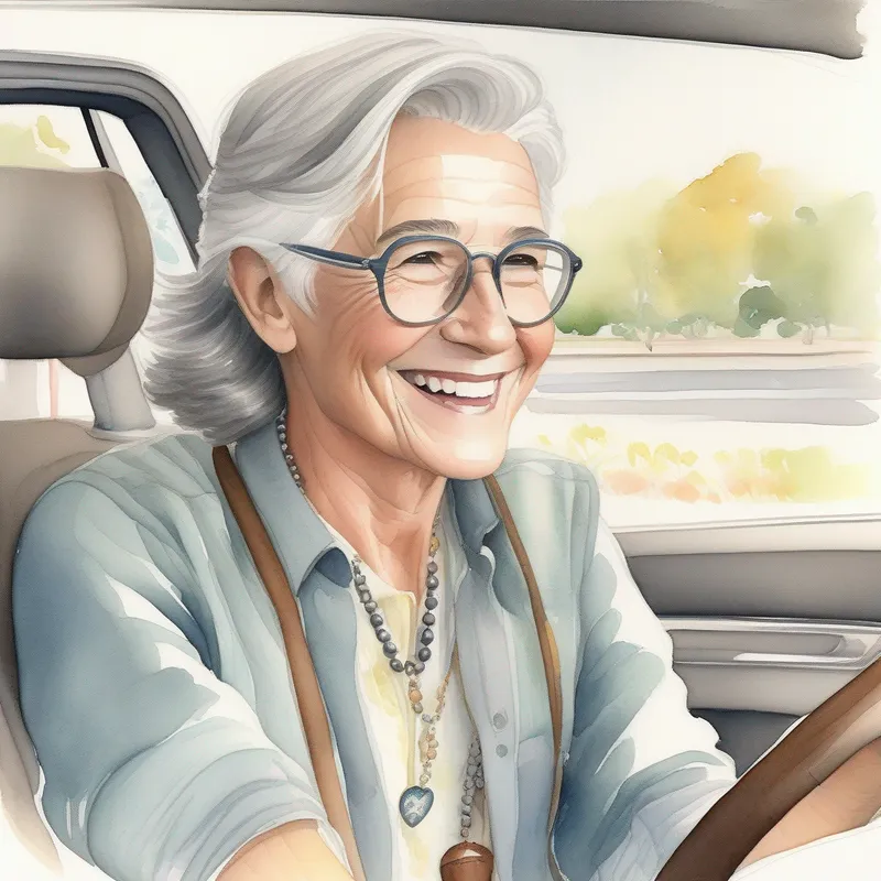 Gray hair, white collar, holding a rosary and Brown hair, cheerful expression, wearing casual attire in a car, driving to Burbank