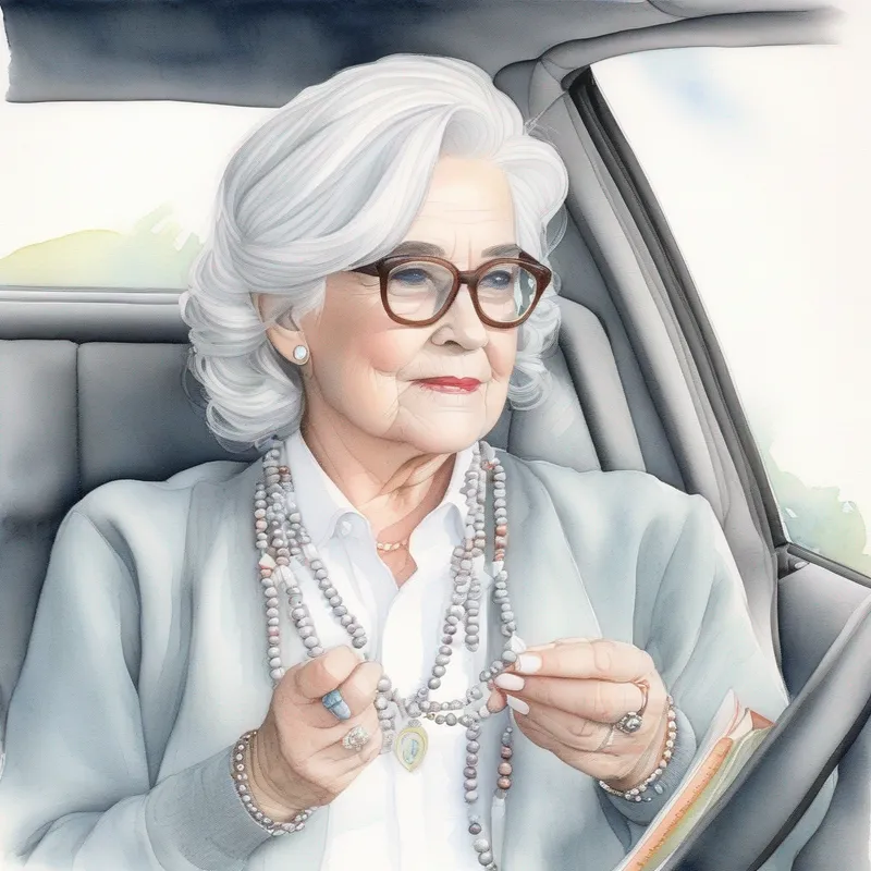 Gray hair, white collar, holding a rosary holding a rosary in the car