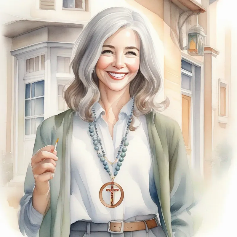 Gray hair, white collar, holding a rosary encouraging Brown hair, cheerful expression, wearing casual attire to buy the house