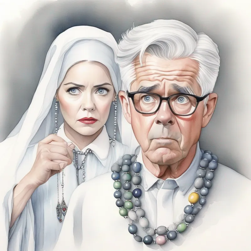 Gray hair, white collar, holding a rosary looking surprised, realizing the rosary is missing
