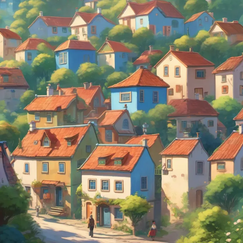 A quaint little town with whimsical houses, bright blue sky, and a loving teacher standing in the foreground, smiling.