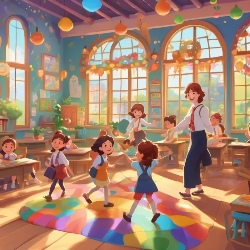A colorful, lively school with children playing and laughing, and a teacher, A loving, whimsical teacher with twirling caramel-colored hair and a bright, joyful smile, teaching in a vibrant classroom, guiding them with joy.