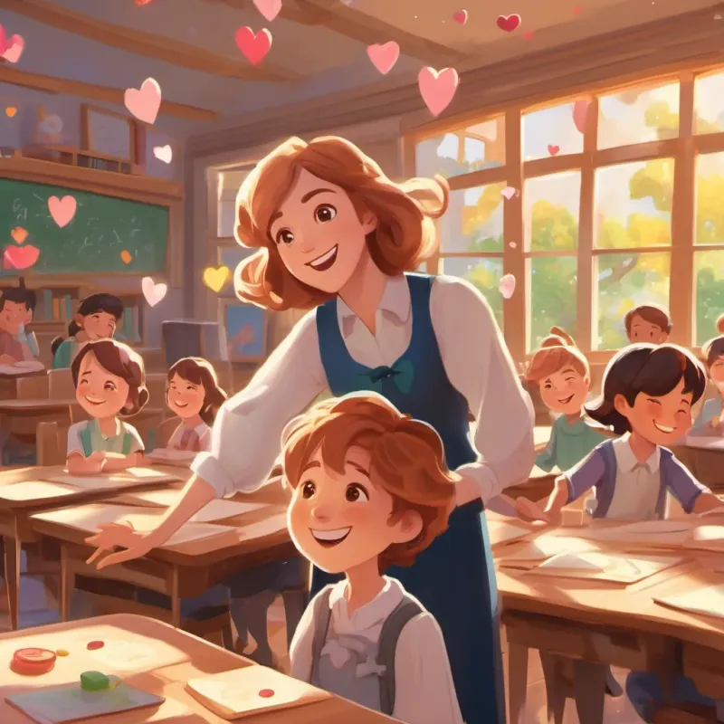 A warm and heartfelt scene showing A loving, whimsical teacher with twirling caramel-colored hair and a bright, joyful smile, teaching in a vibrant classroom surrounded by children holding hands, hearts filled with joy and light.