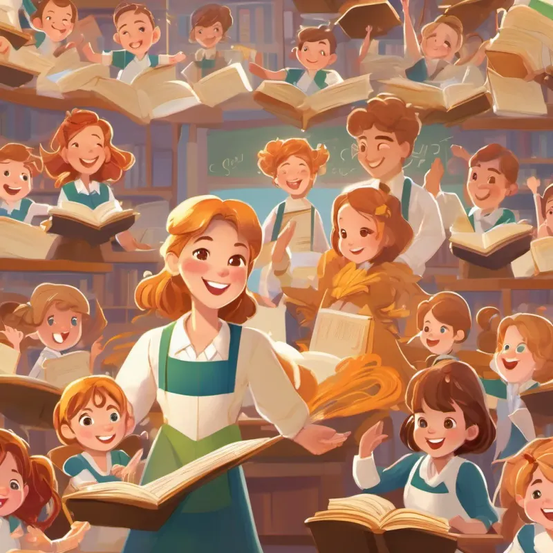 A loving, whimsical teacher with twirling caramel-colored hair and a bright, joyful smile, teaching in a vibrant classroom, a teacher with swirling caramel-colored hair, surrounded by smiling children, all bathed in golden sunlight.