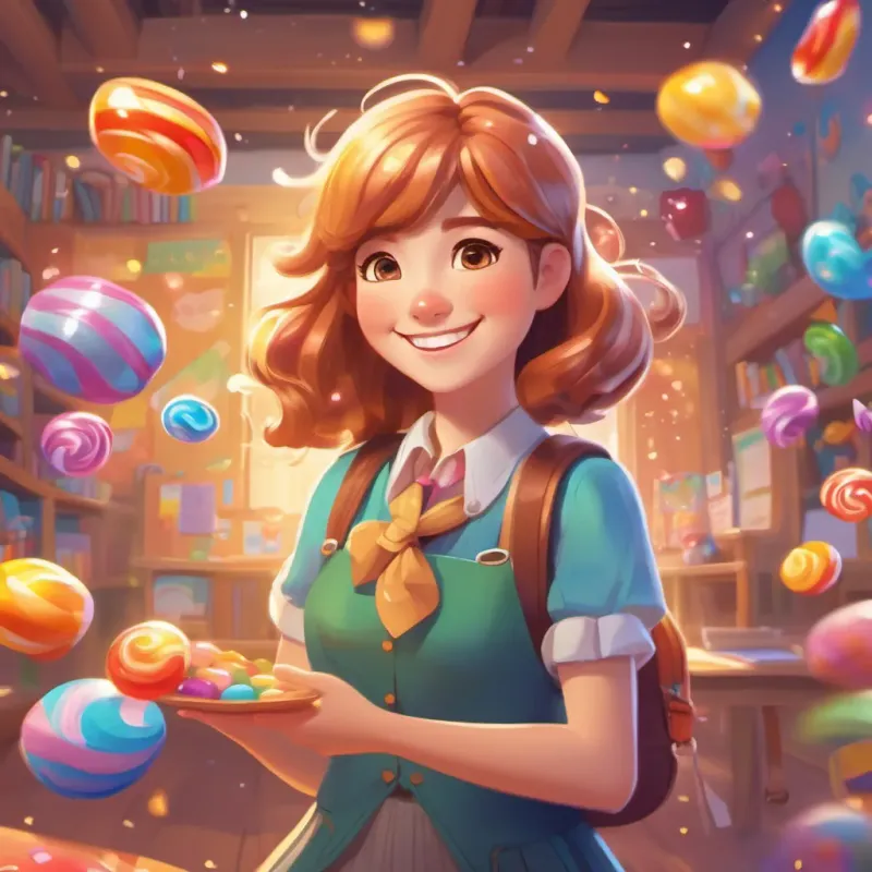 Close-up of A loving, whimsical teacher with twirling caramel-colored hair and a bright, joyful smile, teaching in a vibrant classroom and children with beams of sunshine and colorful candies symbolizing dreams around them.