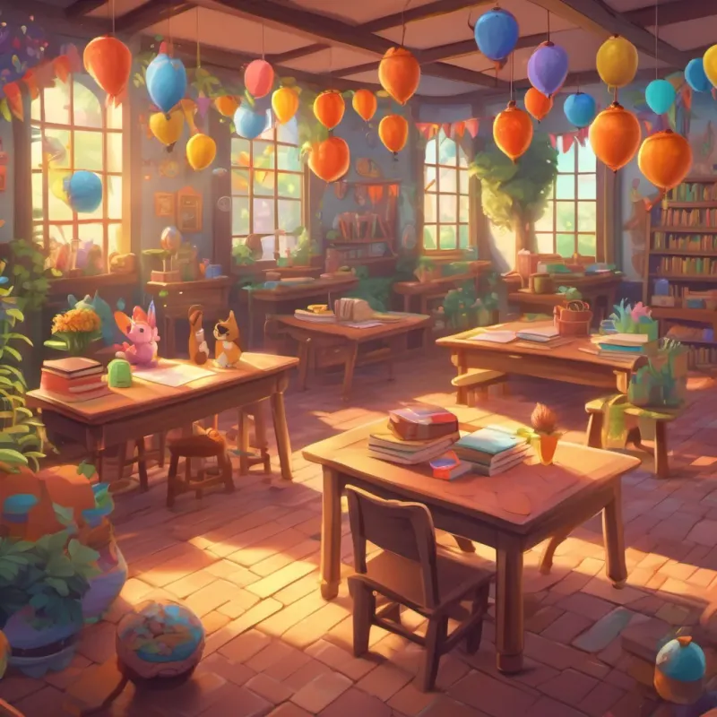 A vibrant classroom filled with magical creatures and colorful decorations, creating a fantasy world.