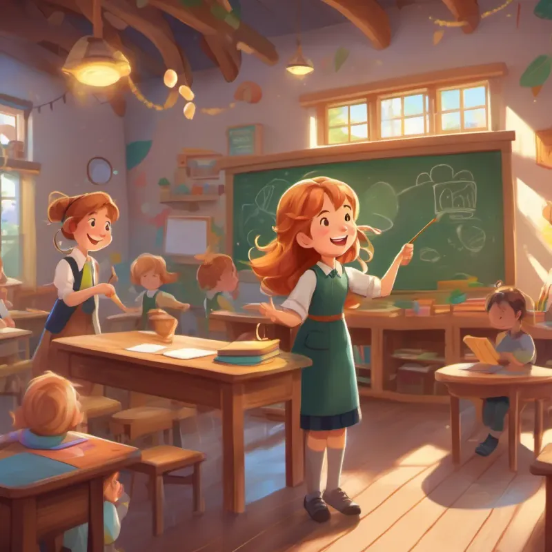 A loving, whimsical teacher with twirling caramel-colored hair and a bright, joyful smile, teaching in a vibrant classroom at a blackboard drawing with chalk that turns into magical shapes and characters, children eagerly watching.