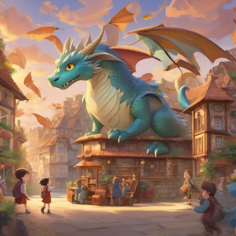 Illustrated books with dragons and cats coming to life, soaring above a group of captivated children.