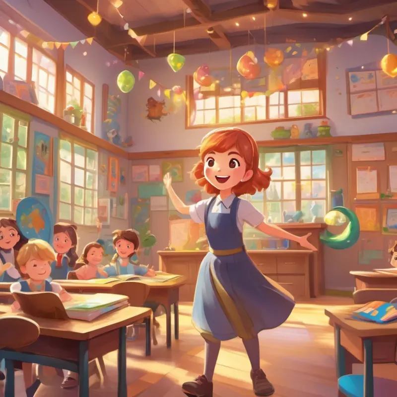 A loving, whimsical teacher with twirling caramel-colored hair and a bright, joyful smile, teaching in a vibrant classroom with arms open wide, inviting children to explore an imaginative world full of adventure.