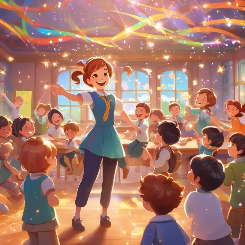 A fun scene of children and A loving, whimsical teacher with twirling caramel-colored hair and a bright, joyful smile, teaching in a vibrant classroom surrounded by sparkles and lively movement, full of excitement and joy.