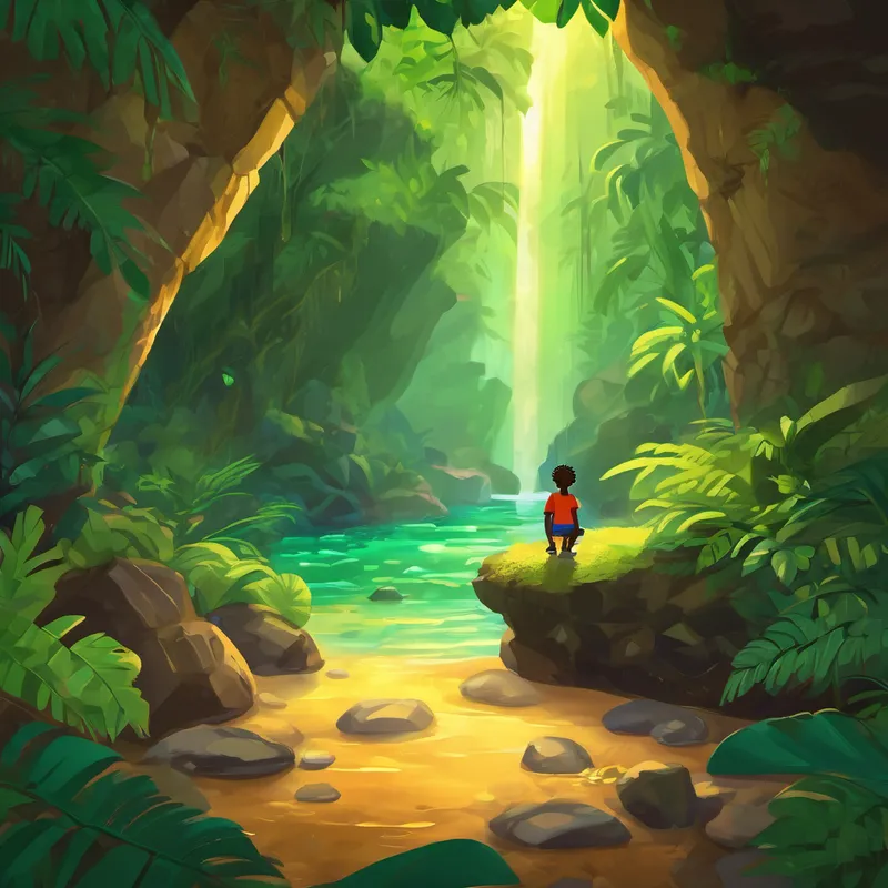 "One day, Anansi stumbled upon a hidden cave deep in the heart of the rainforest. Inside the cave, he discovered a precious stone, so shiny and magical that it could grant any wish," Nana continued. Kwame's eyes grew wider, imagining the wondrous possibilities.