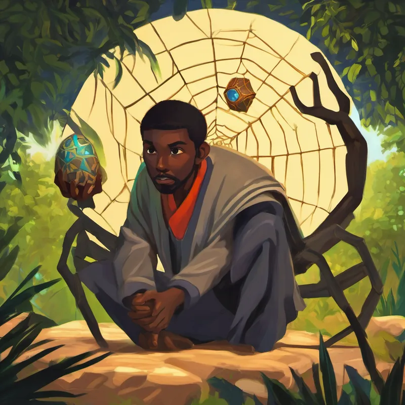 "Now," Nana said, "Anansi knew that such a powerful stone should not fall into the wrong hands, so he decided to protect it from those who might use it for harm." Kwame nodded in agreement, finding himself drawn to the spider's noble cause.