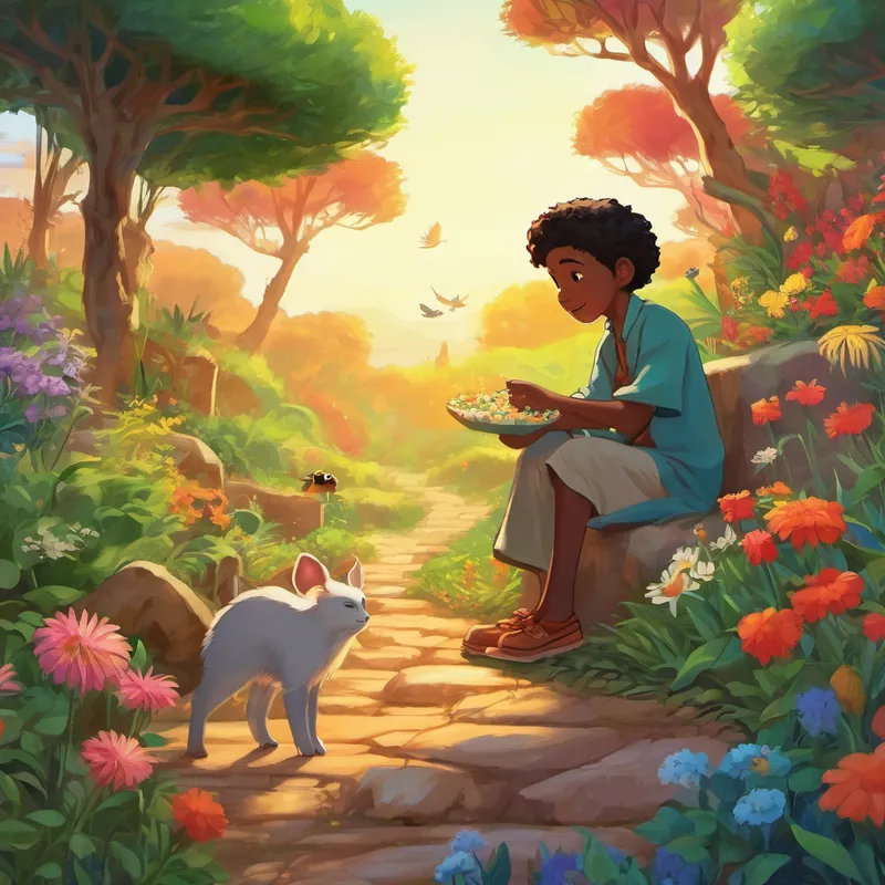 "In each village, he met those in need and used his cleverness to solve their problems," Nana went on. "He helped the animals find water in droughts, taught the birds to sing the sweetest melodies, and even helped the flowers grow the most vibrant colors." Kwame's heart soared, inspired by the Spider of Wisdom and his selfless acts of kindness.