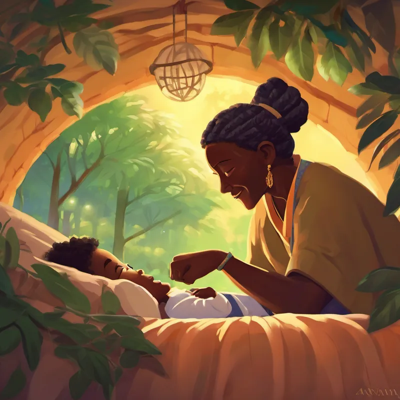 "Anansi's legend lived on, and he became a symbol of hope and wisdom for everyone," Nana concluded. "He taught us that wisdom and kindness can make the world a better place, no matter how small we may be." As Nana finished her tale, Kwame's eyes began to grow heavy, feeling the warmth of her words deep within his heart. With a gentle smile, Nana tucked him into his cozy bed and kissed his forehead.