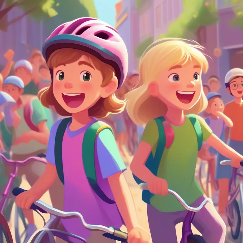 Enna: Brown hair, green shirt, pink bike helmet and Lili: Blonde hair, purple shirt, blue bike helmet asking their parents for bicycles, happy and excited
