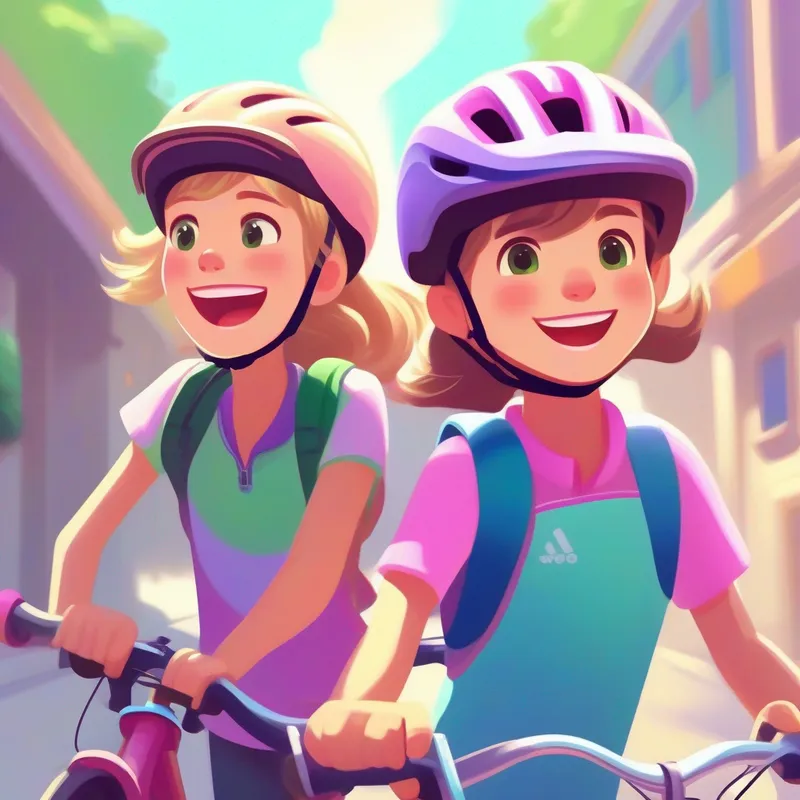 Enna: Brown hair, green shirt, pink bike helmet and Lili: Blonde hair, purple shirt, blue bike helmet with their shiny new bicycles, smiling and excited