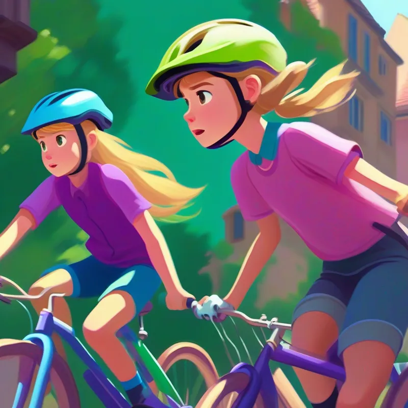 Enna: Brown hair, green shirt, pink bike helmet and Lili: Blonde hair, purple shirt, blue bike helmet falling down while riding bicycles, determined to keep trying