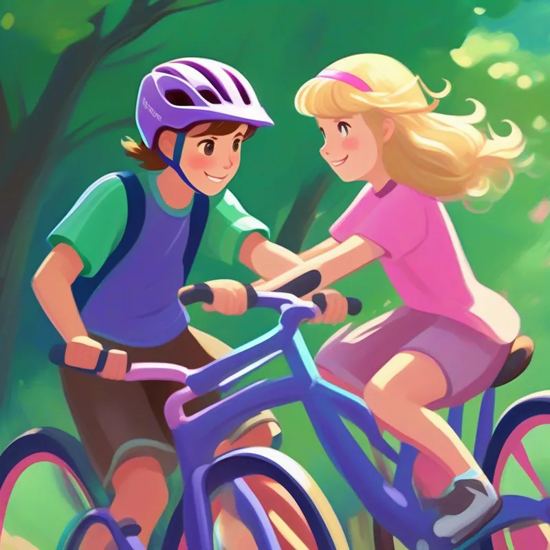 Enna: Brown hair, green shirt, pink bike helmet and Lili: Blonde hair, purple shirt, blue bike helmet practicing riding bicycles, helping and encouraging each other