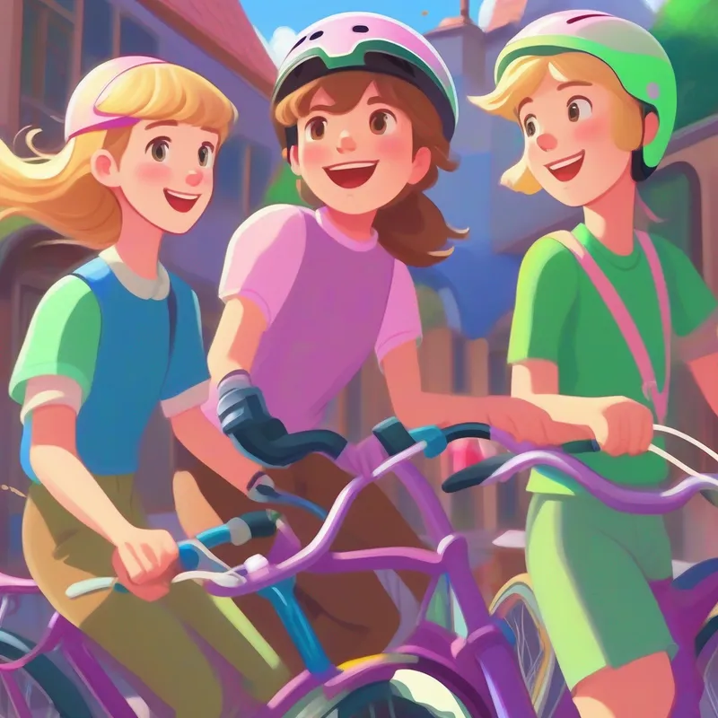 Enna: Brown hair, green shirt, pink bike helmet and Lili: Blonde hair, purple shirt, blue bike helmet riding bicycles confidently, having fun with their friends