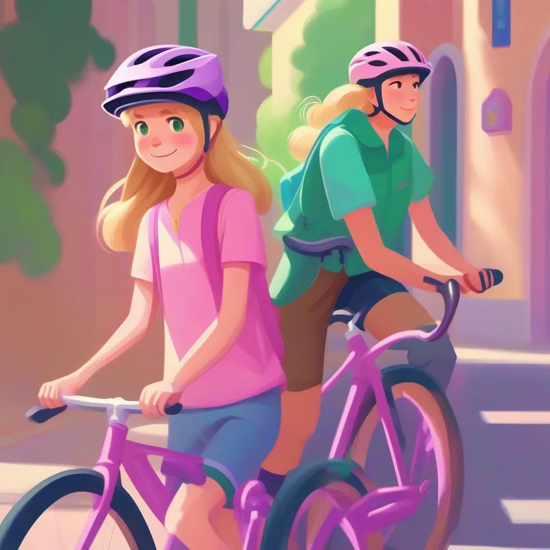Enna: Brown hair, green shirt, pink bike helmet and Lili: Blonde hair, purple shirt, blue bike helmet feeling proud of themselves for learning to ride bicycles