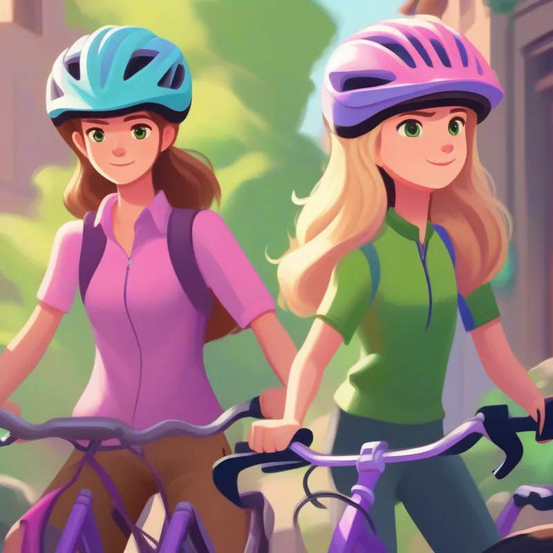 Enna: Brown hair, green shirt, pink bike helmet and Lili: Blonde hair, purple shirt, blue bike helmet feeling confident and determined