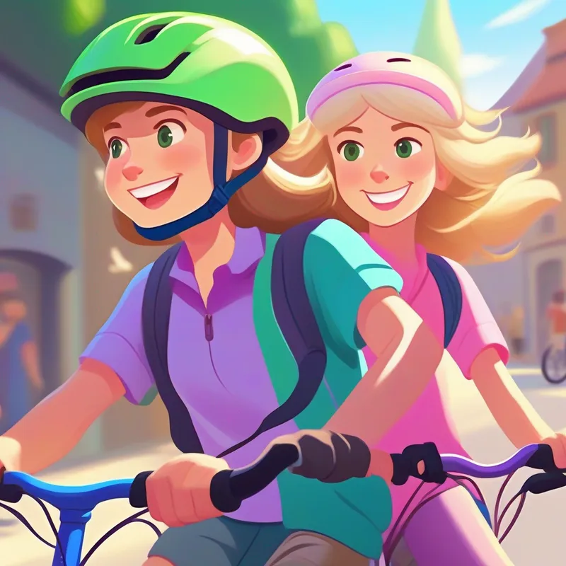 Enna: Brown hair, green shirt, pink bike helmet and Lili: Blonde hair, purple shirt, blue bike helmet riding bicycles together, smiling and supporting each other