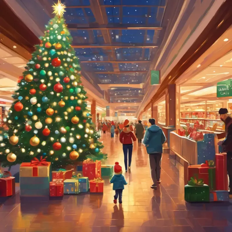 Bustling shopping mall, curious toddler, and stylish parent enjoying the Christmas setup.