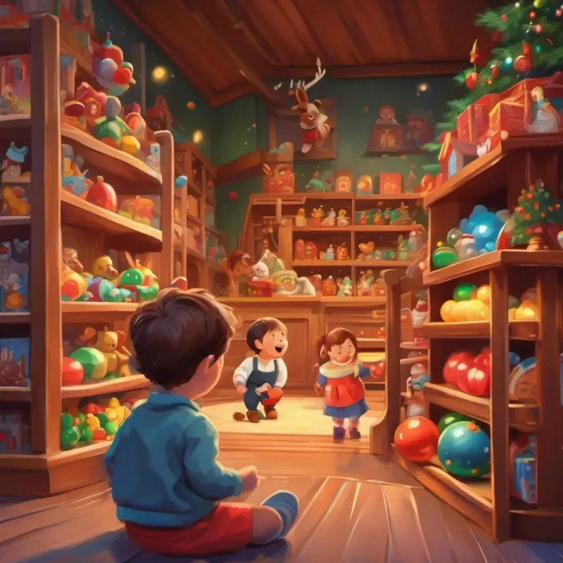 Toy store, giggling toddler, and interactive experience with toys.