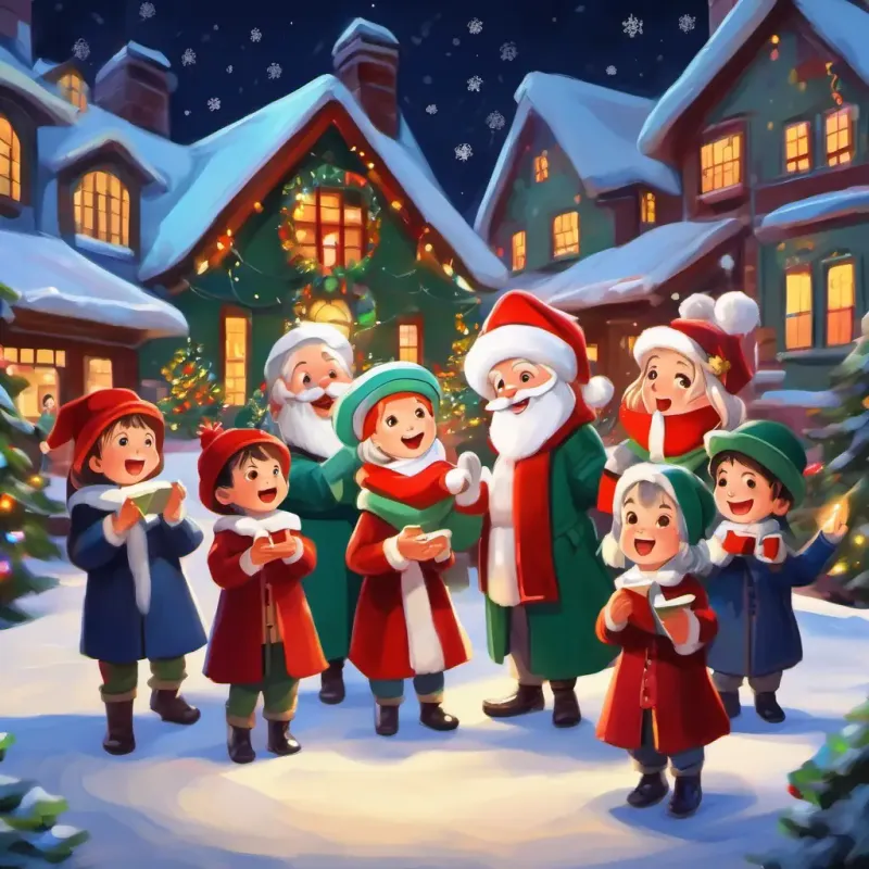 Festive carolers, clapping toddler, and the parent joining in the joyous singing.