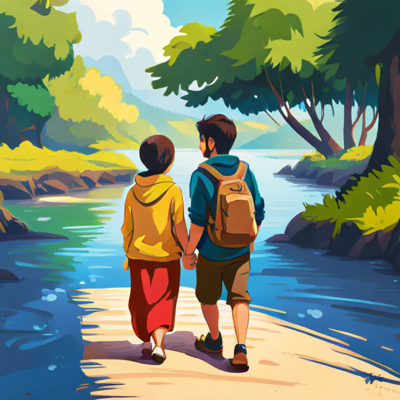 Ana and João walking hand in hand, smiling and looking towards the future