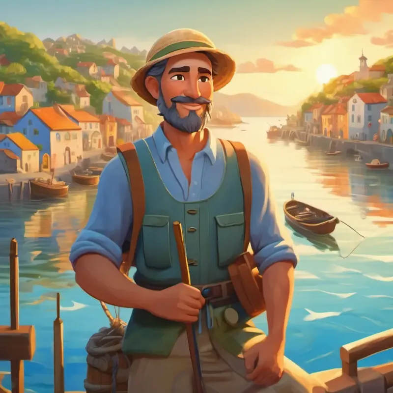 Introducing Friendly fisherman with sun-kissed skin and sea-blue eyes and the tranquil seaside village
