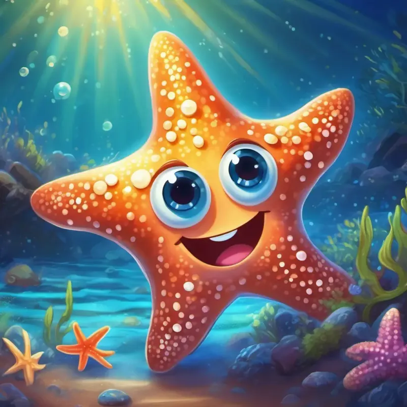 Playful starfish with shimmering, twinkling eyes, the playful starfish, arrives on the scene