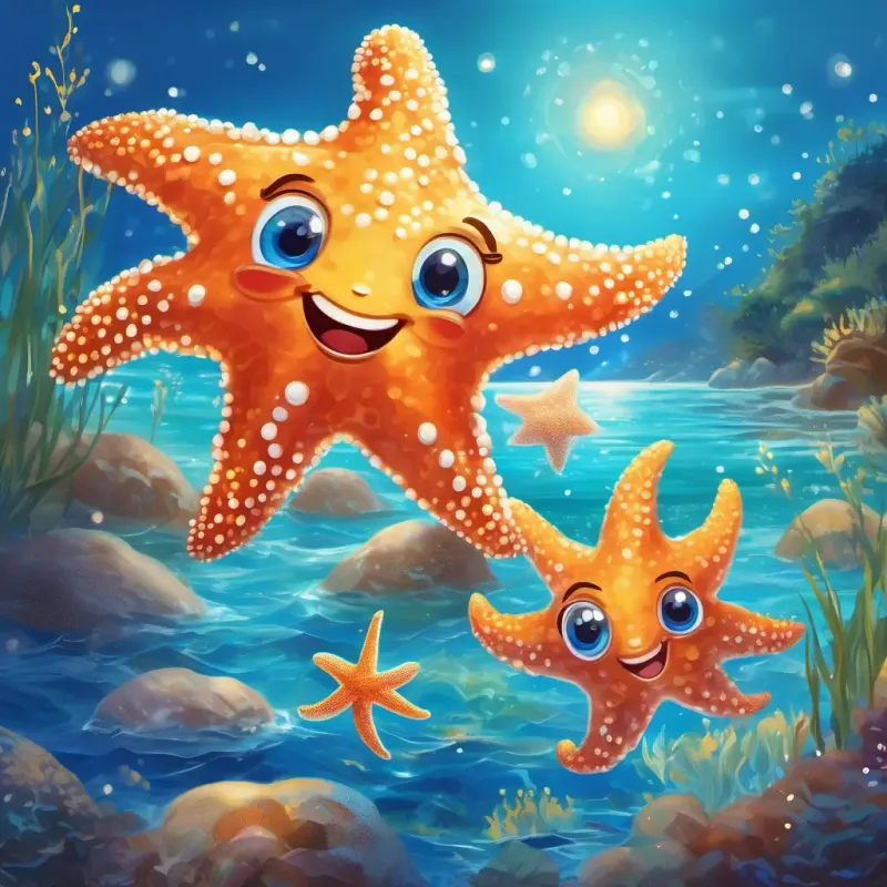 Playful starfish with shimmering, twinkling eyes's playful nature and magical stories captivate Friendly fisherman with sun-kissed skin and sea-blue eyes
