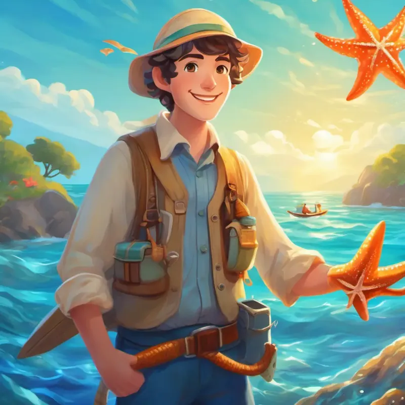 Friendly fisherman with sun-kissed skin and sea-blue eyes and Playful starfish with shimmering, twinkling eyes's friendship deepens as they revel in the magical stories