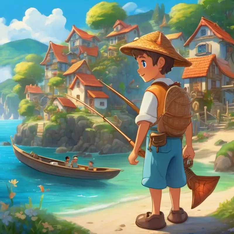 The village transforms into a place of enchantment with Friendly fisherman with sun-kissed skin and sea-blue eyes and Playful starfish with shimmering, twinkling eyes's storytelling