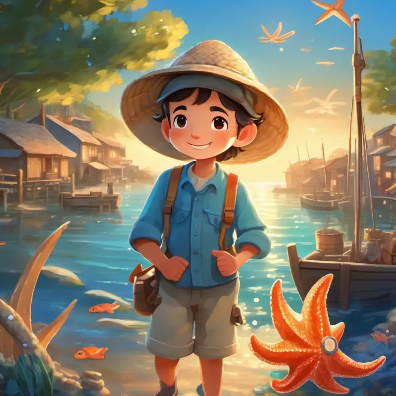 A heartwarming conclusion as Friendly fisherman with sun-kissed skin and sea-blue eyes and Playful starfish with shimmering, twinkling eyes bring joy to the village and the stars