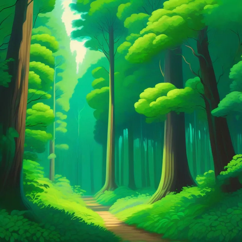 Green forest, tall trees, serene atmosphere, quiet and peaceful