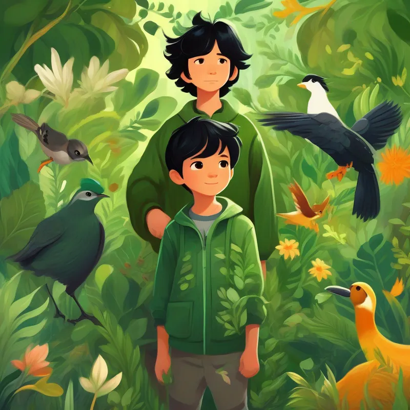 Young boy with tousled black hair, wearing leafy green clothes with animals, birds, trees, and flowers in harmony