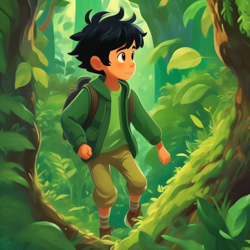 Young boy with tousled black hair, wearing leafy green clothes exploring the forest, climbing trees, surrounded by animals