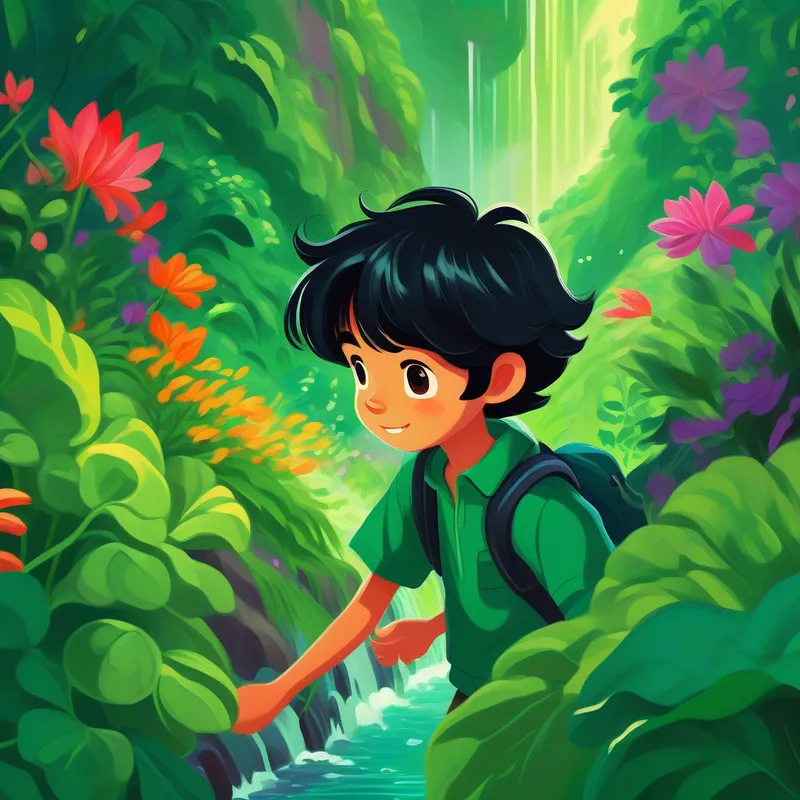 Young boy with tousled black hair, wearing leafy green clothes discovering a hidden waterfall, surrounded by vibrant flowers