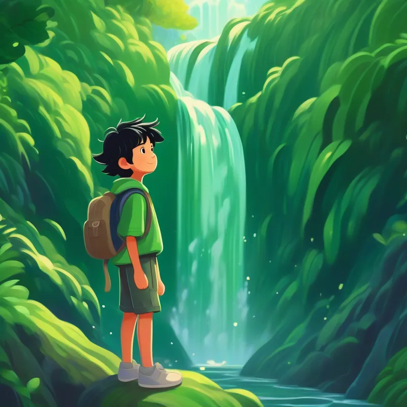 Young boy with tousled black hair, wearing leafy green clothes feeling confident and empowered at the magical waterfall