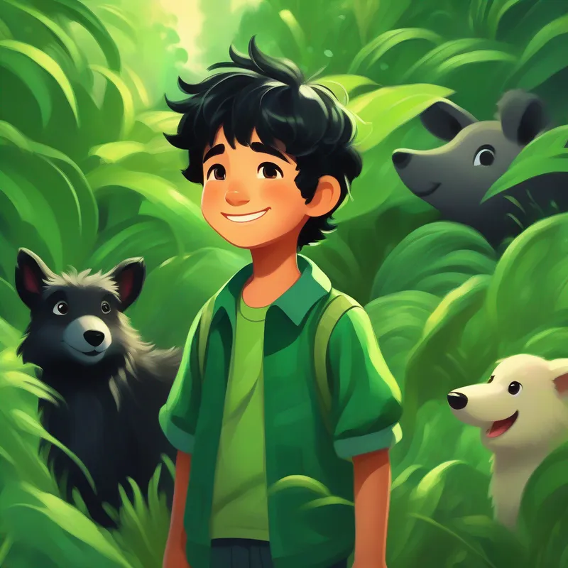 Young boy with tousled black hair, wearing leafy green clothes helping animals and people with a confident smile